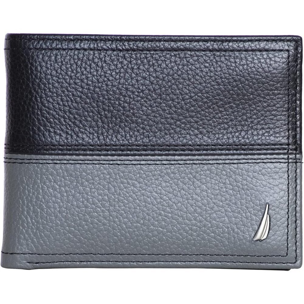 Men's Black/Grey Bifold Leather Wallet RFID Blocking ID Window Card Slots
